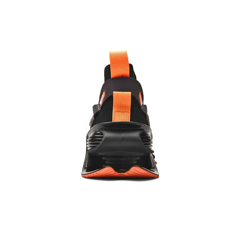 Rear view of Nova Sole T84 Sneakers in black and orange with futuristic sole design - LUXURYURBANWEAR streetwear sneakers.
