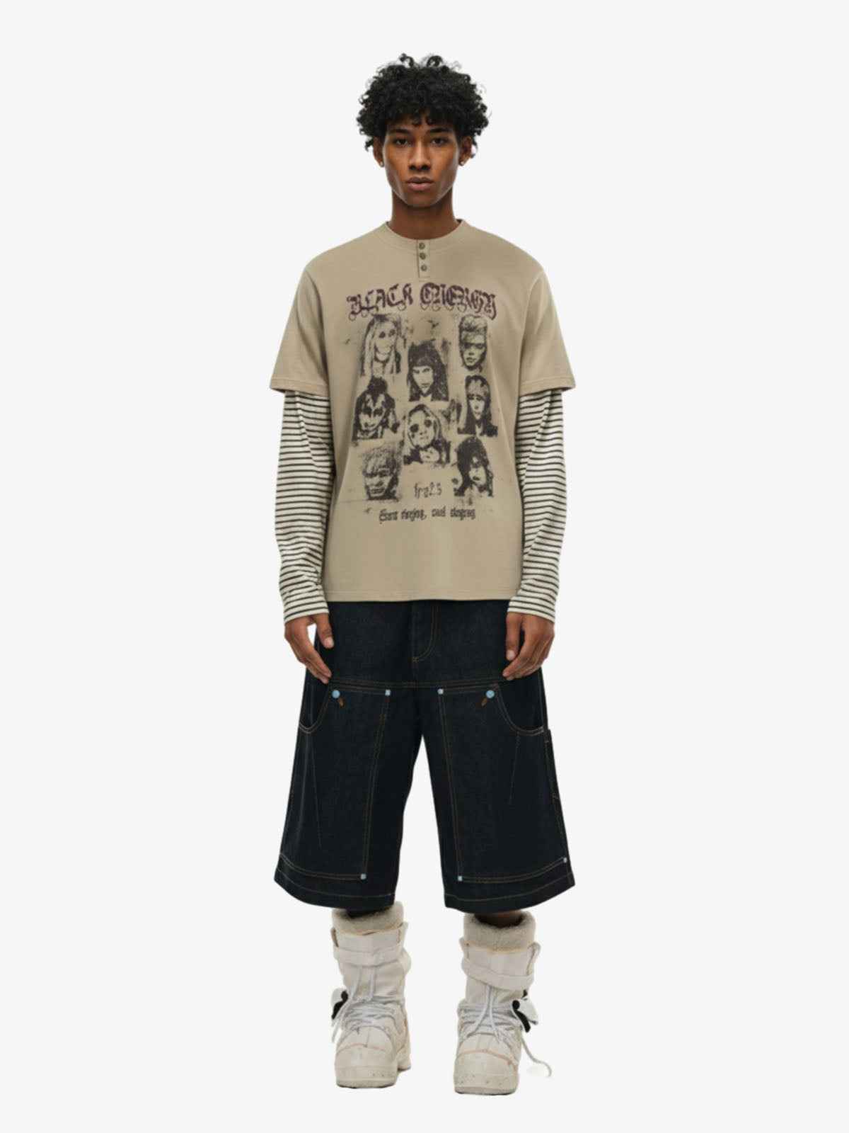 Vintage Band Portrait Graphic Layered Henley T-Shirt