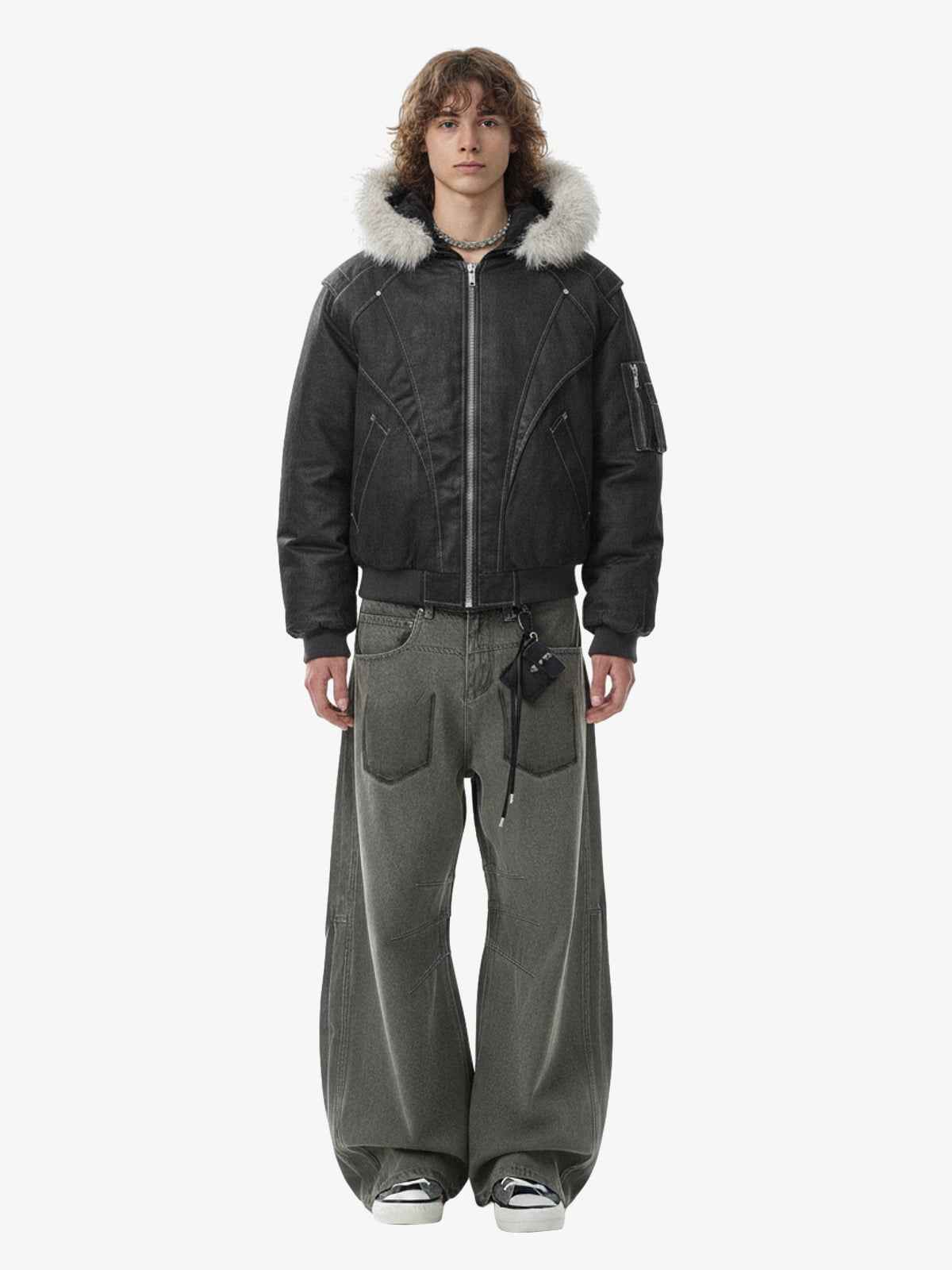 Washed Patchwork Contrast Bomber Jacket