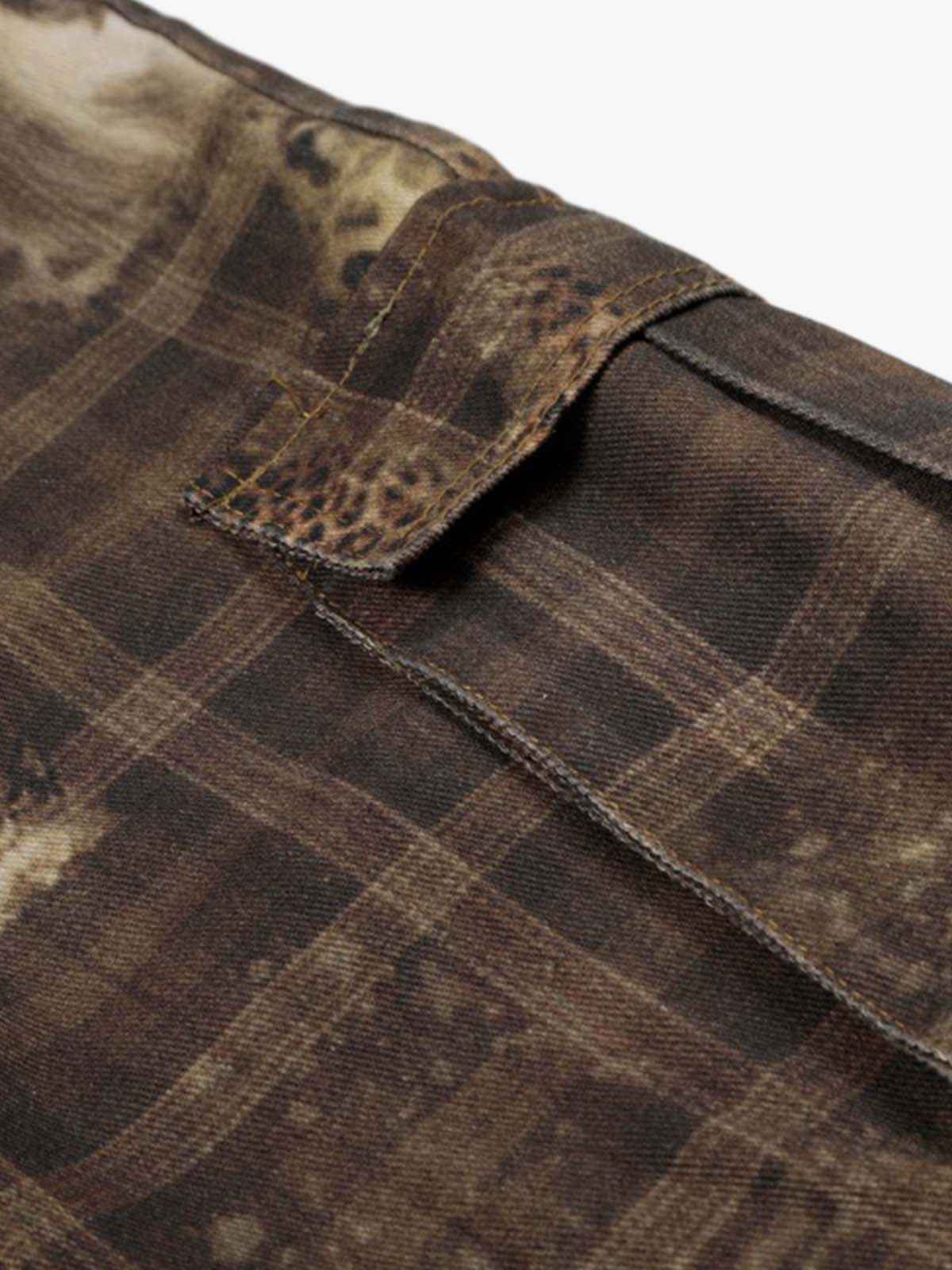 Plaid Leopard Print Cargo Barrel Jeans
