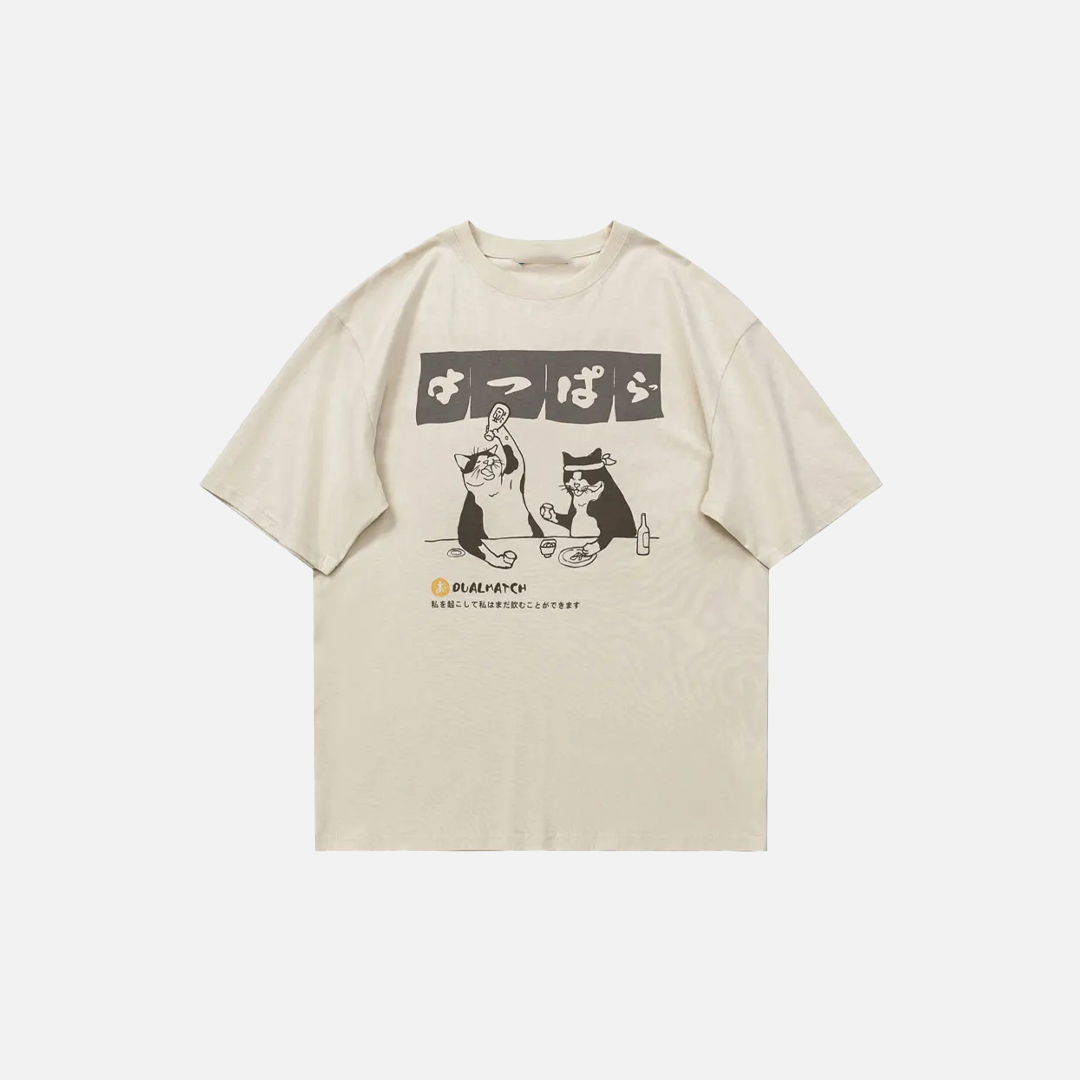 Japanese Style Cat Graphic Print Oversized T-Shirt - Luxuryurbanwear