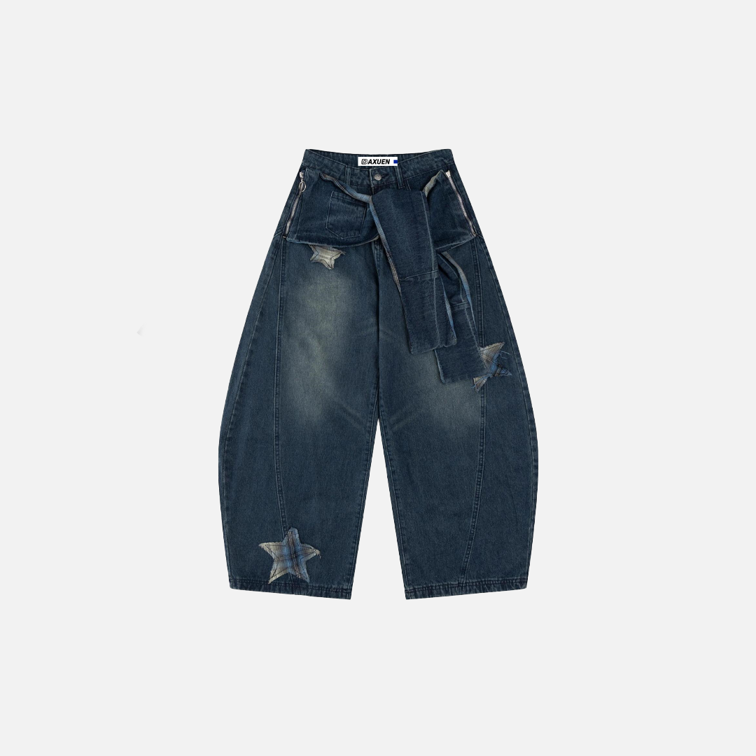 Star Embroidered Loose Fit Denim Jeans - Luxuryurbanwear