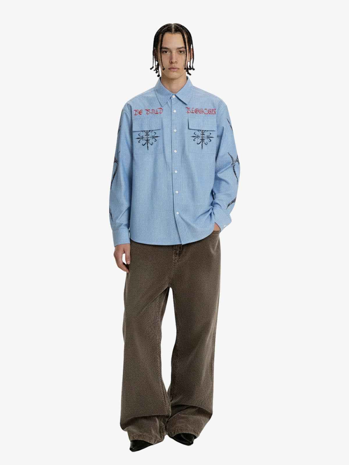 Gothic Embroidered Pinstripe Button-Up Shirt