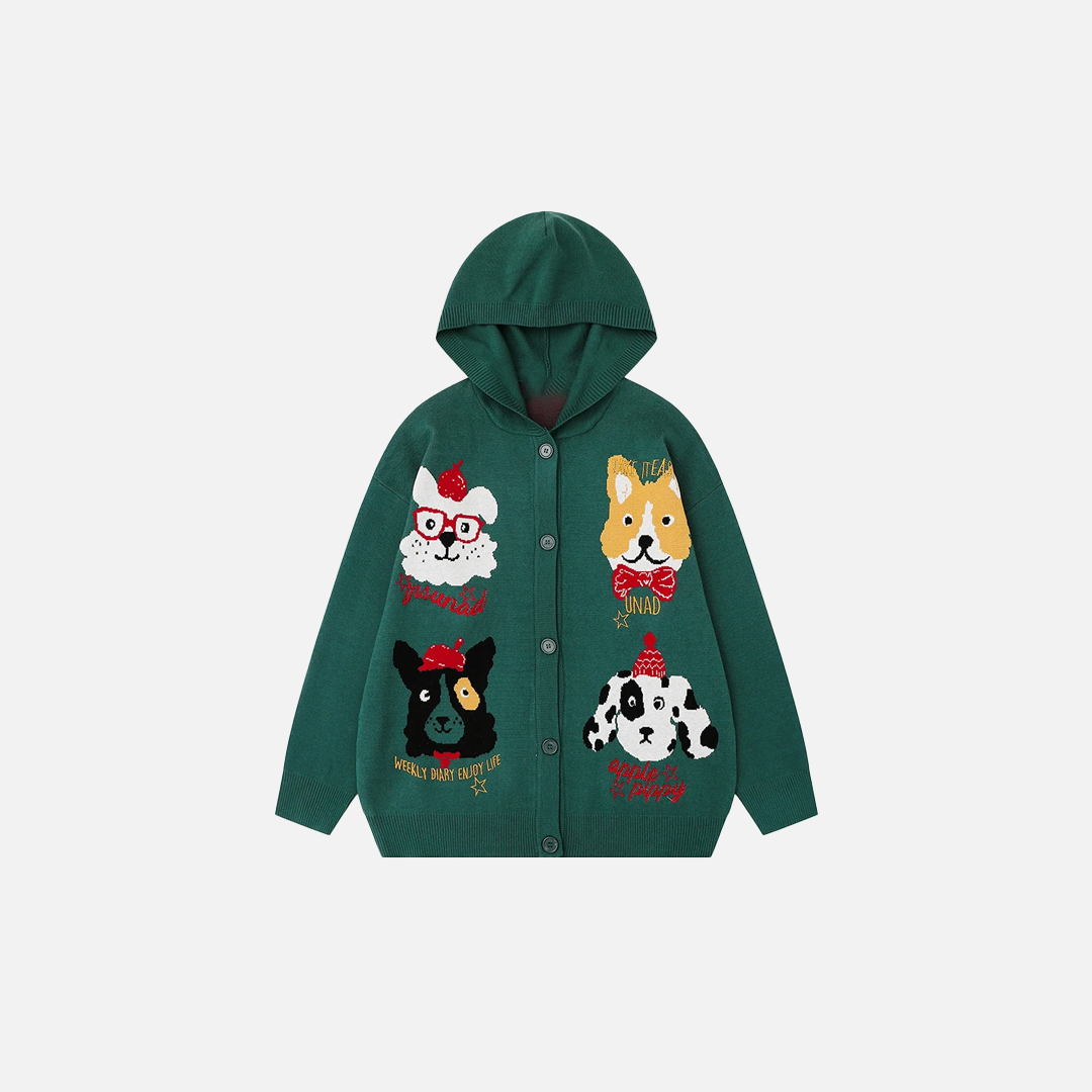 Retro Single Breasted Cartoon Puppy Jacquard Hodded Cardigan - Luxuryurbanwear