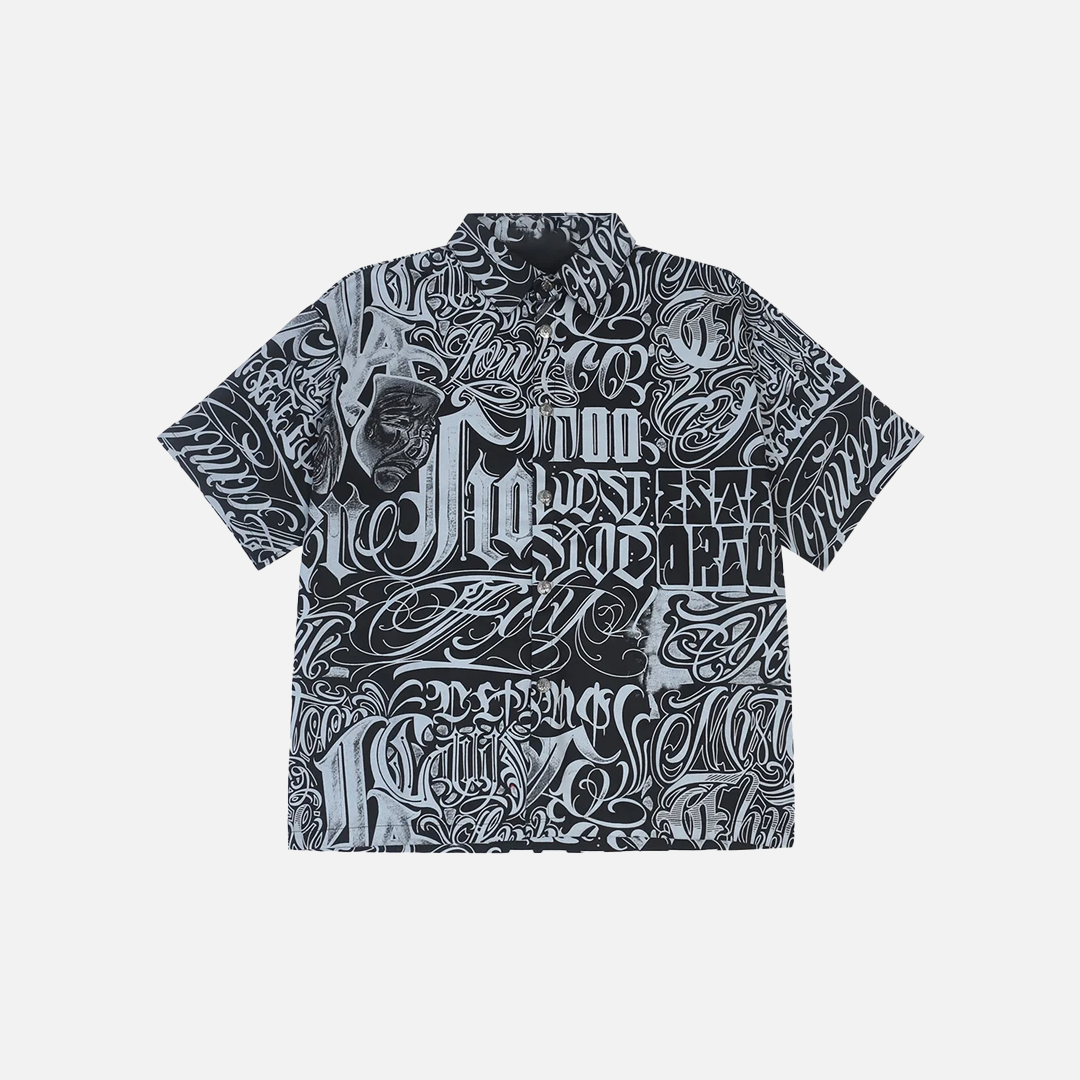 Vintage Style Letter Full Print Casual Short Sleeve Shirt - Luxuryurbanwear
