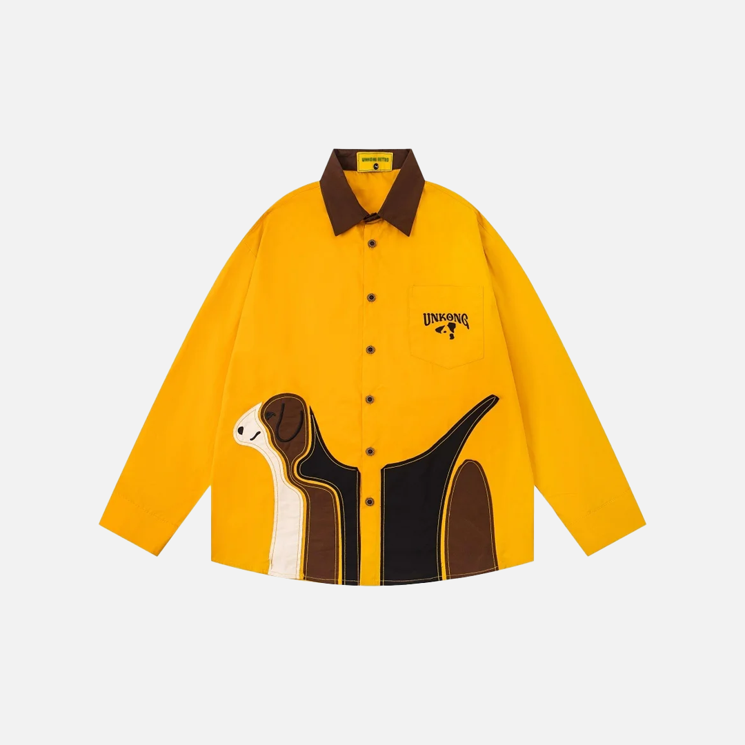 Retro Patchwork Cute Dog Lapel Long Sleeve Shirt - Luxuryurbanwear