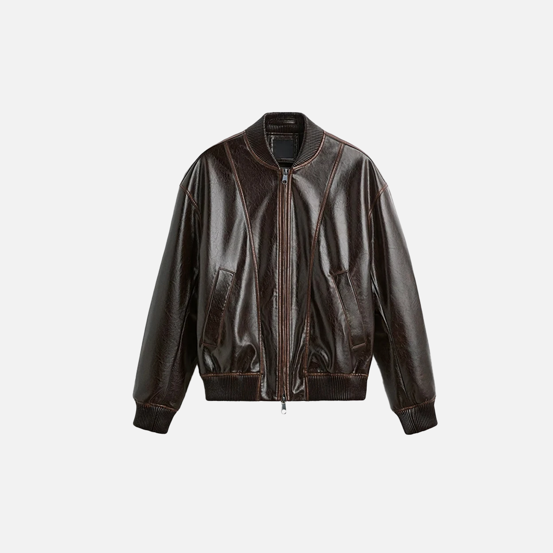 Winter Loose Fit Retro Brown Leather Race Jacket - Luxuryurbanwear