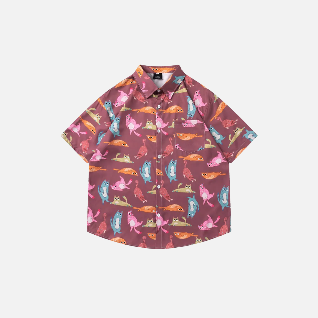 Flattering Funny Cartoon Cat Beach Button Shirt - Luxuryurbanwear