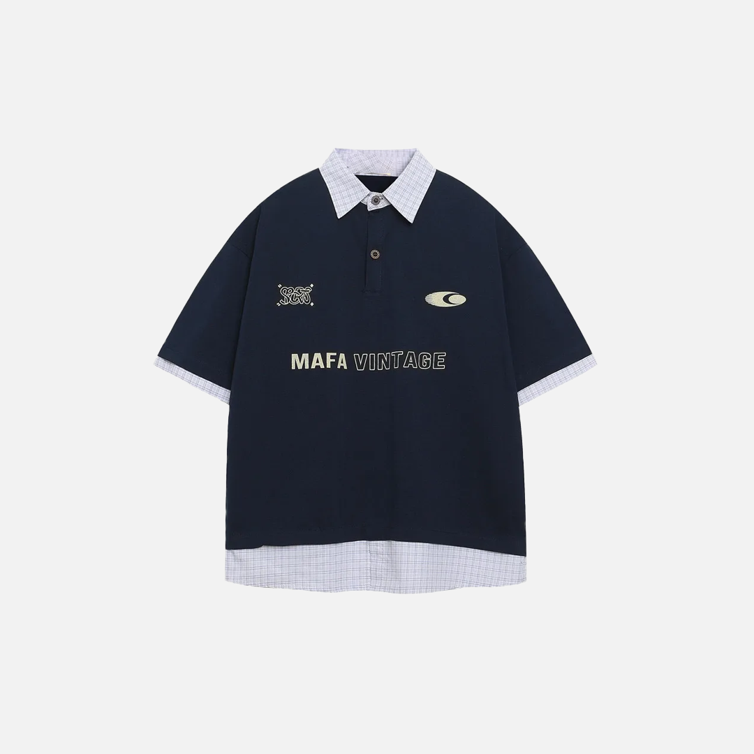 Casual Loose Fit Fake Two-Piece Letter Print Polo T-Shirt - Luxuryurbanwear