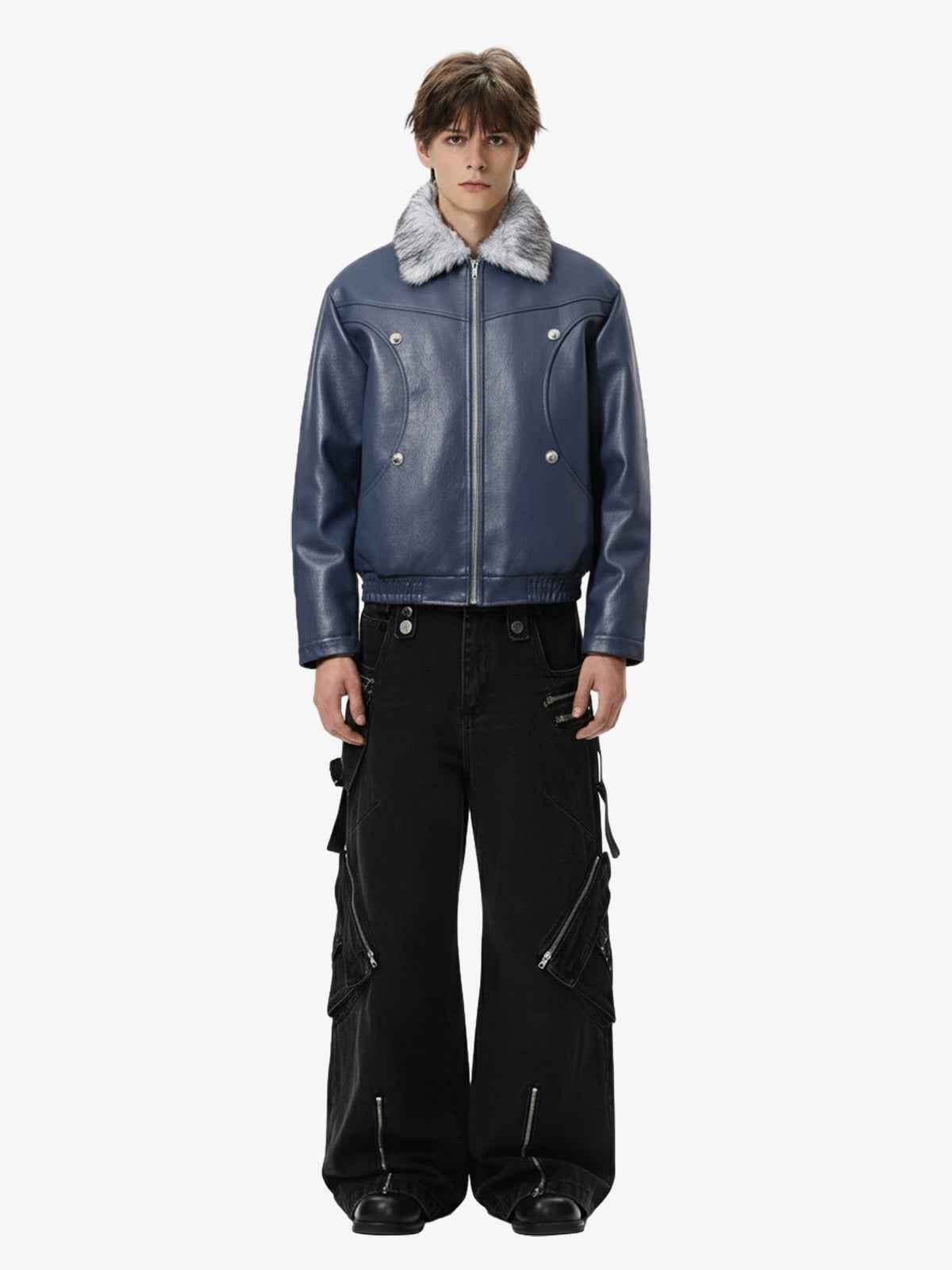 Street Fur-Trim Collar Leather Bomber Jacket