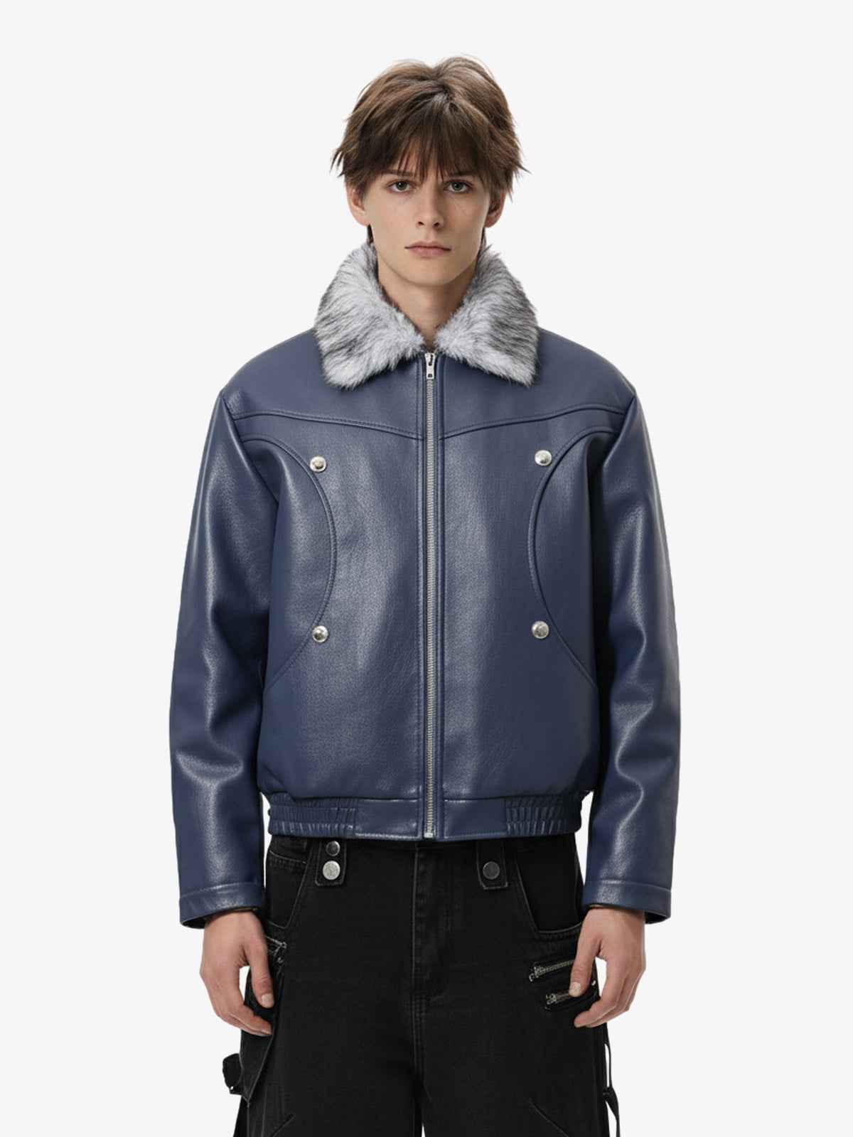 Street Fur-Trim Collar Leather Bomber Jacket
