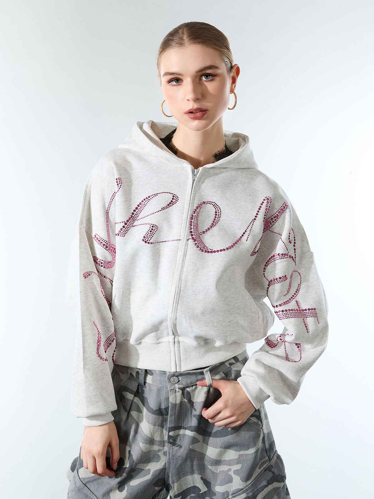 Street Hip-Hop Rhinestone Cropped Zip Up Hoodie