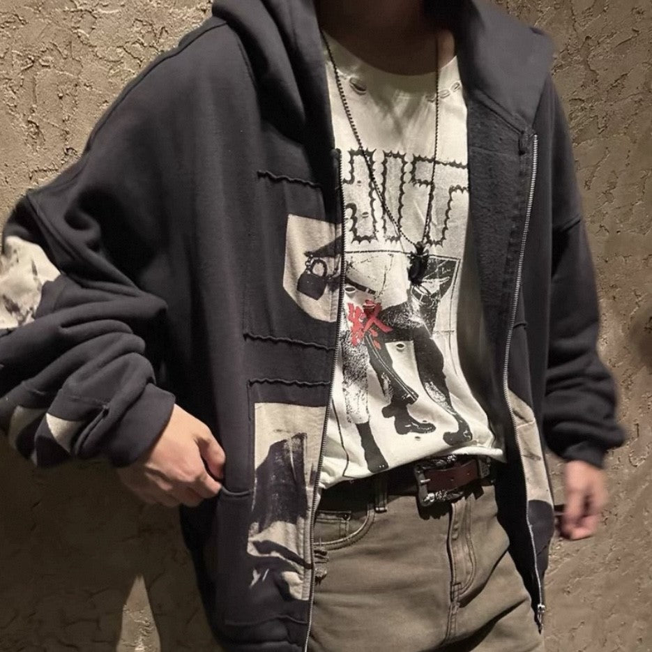 Washed Vintage Patch Graphic Hoodie - Distressed Zip-Up Streetwear | LuxuryUrbanwear - Luxuryurbanwear