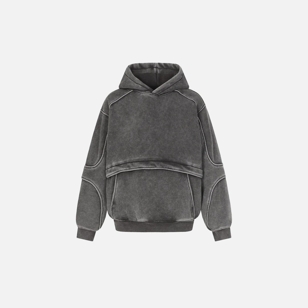 Washed Distressed Front Pocket Spliced Hoodie - Luxuryurbanwear