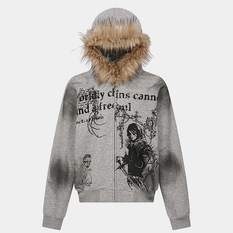 Gothic Distressed Print | Zip-Up Hoodie - Luxuryurbanwear