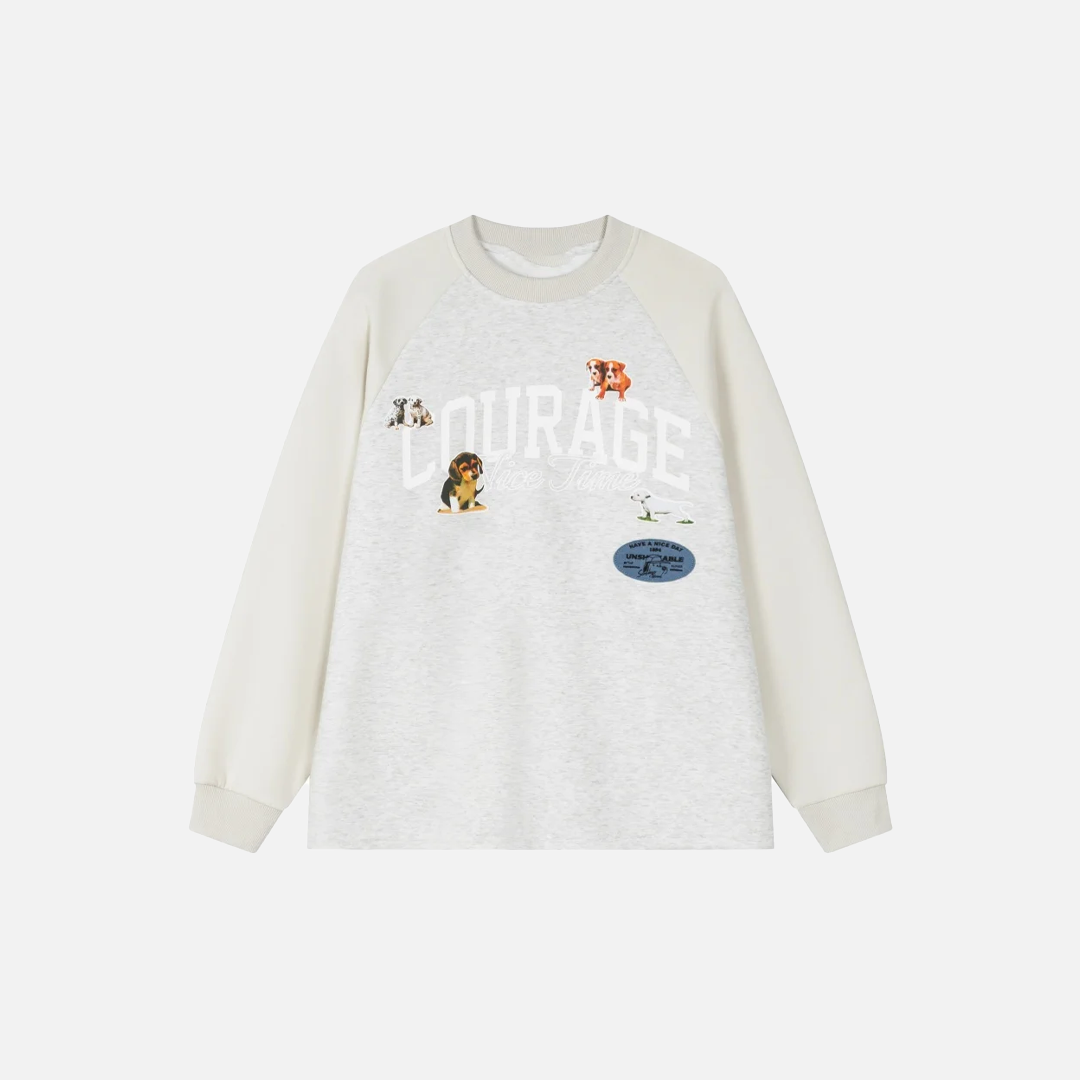 Breathable Retro Dog Print Raglan Long Sleeve T-Shirt - Luxuryurbanwear