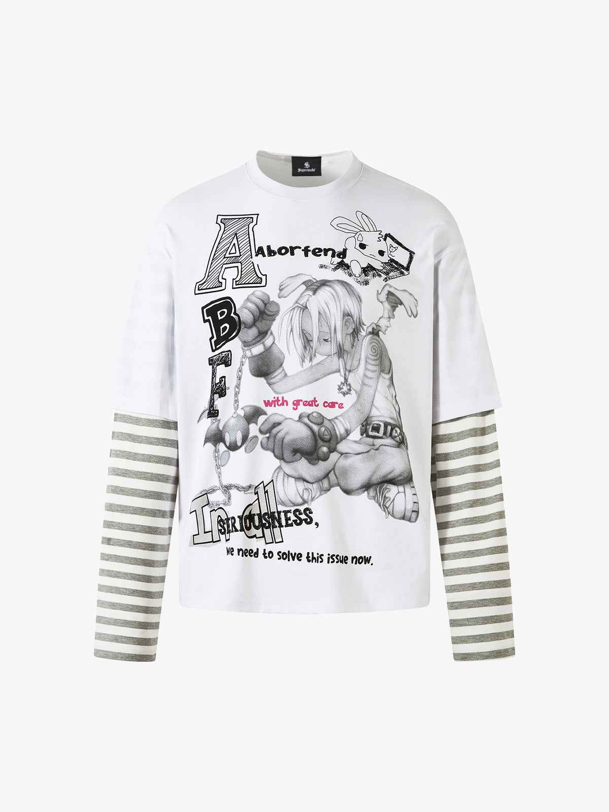 Cartoon Print Striped Sleeve Faux Two-Piece Long-Sleeve T-Shirt