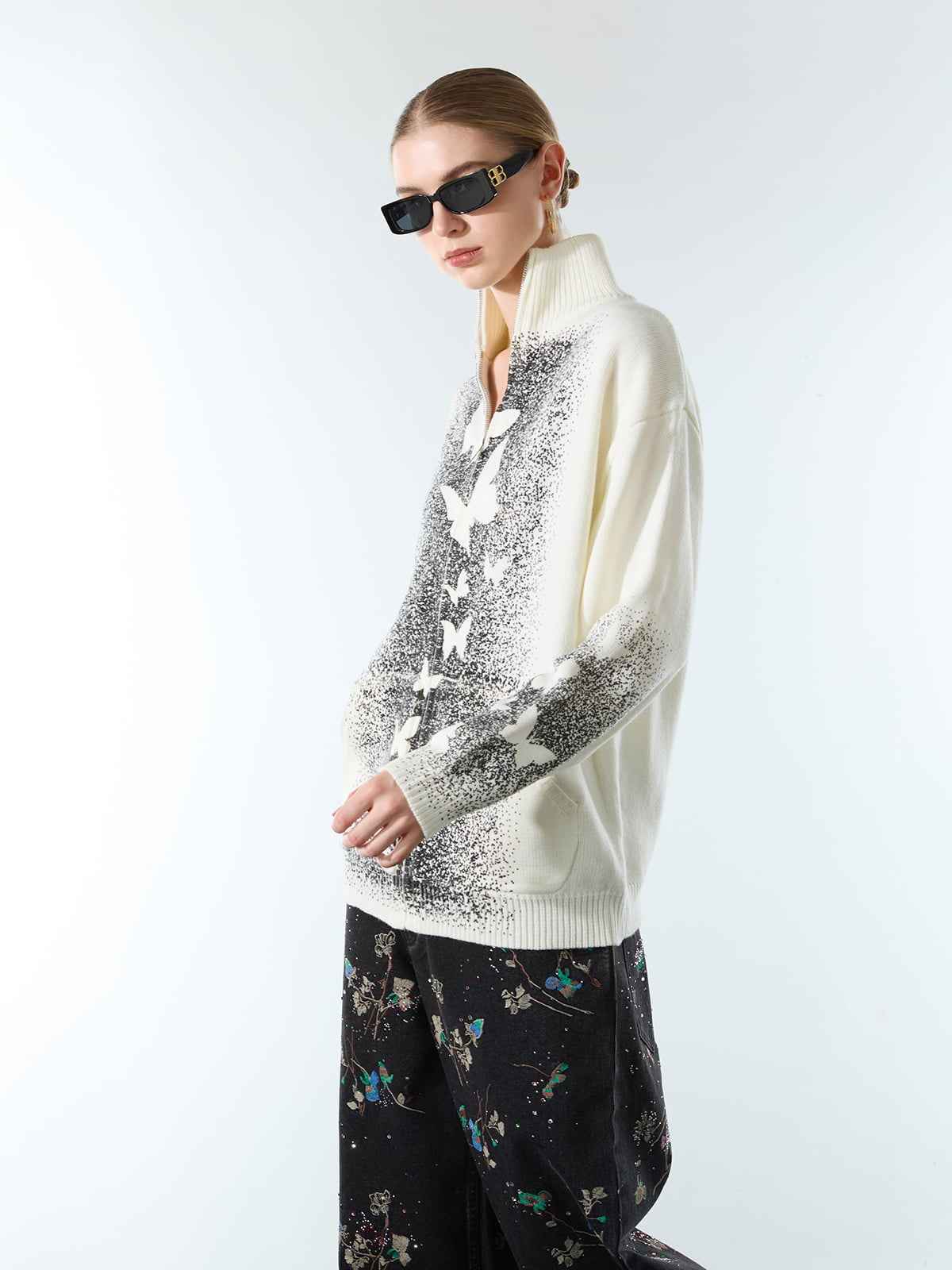 Street Dark Phantom Butterfly Stand-Collar Knit Cardigan Sweater