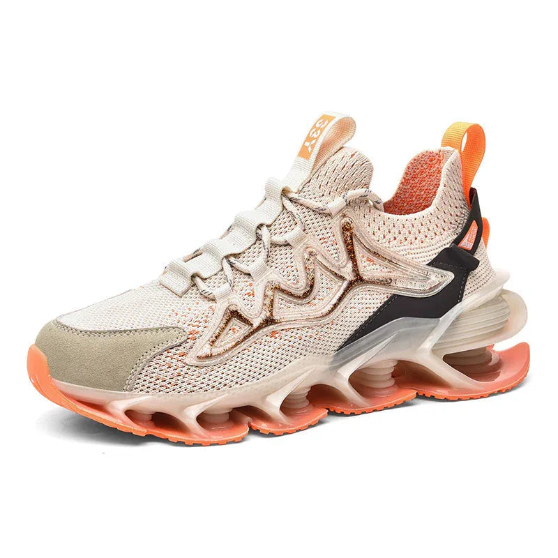 Nova Sole T84 Sneakers - LUXURYURBANWEAR angled beige and orange variant, featuring breathable mesh and sculpted sole.