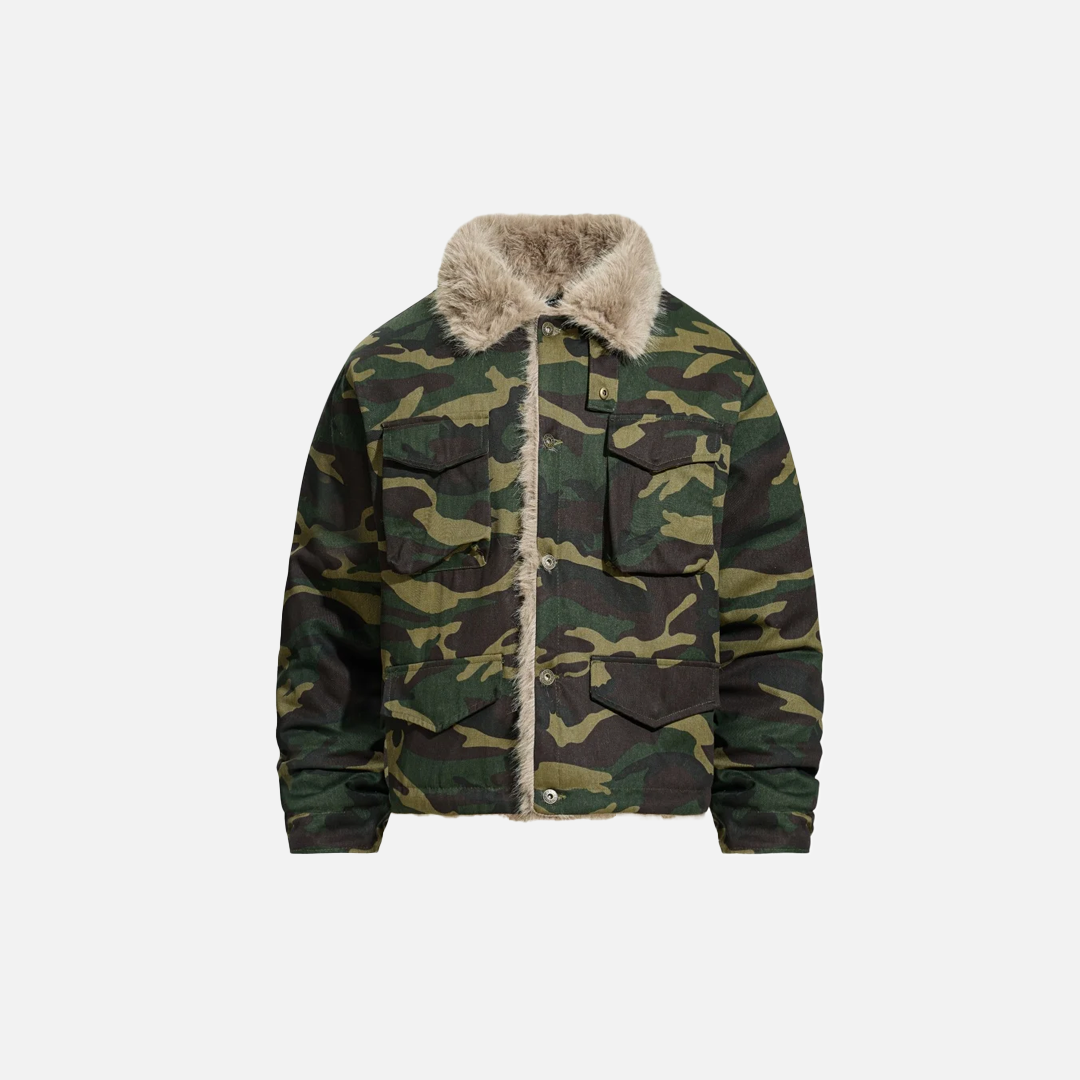 Camouflage Single Breasted Fur Collar Padded Jacket - Luxuryurbanwear