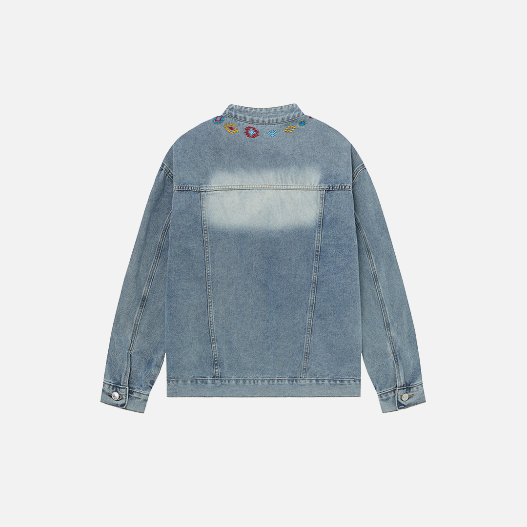 Durable Distressed Embroidered Denim Jacket - Luxuryurbanwear