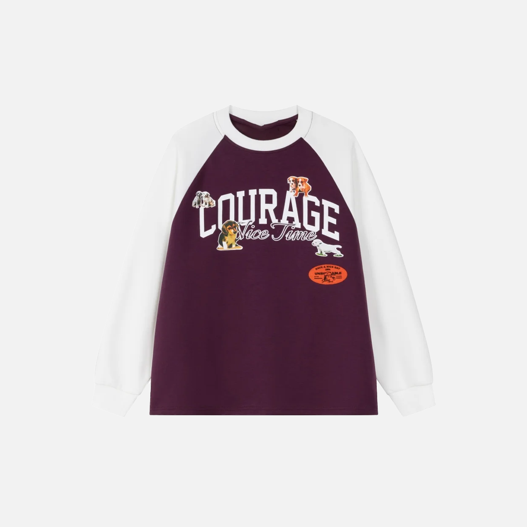 Breathable Retro Dog Print Raglan Long Sleeve T-Shirt - Luxuryurbanwear