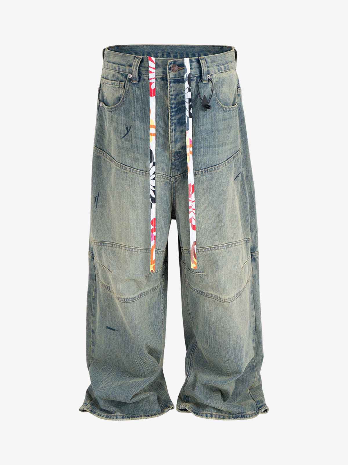 Distressed Contrast Drawstring Knee-Length Jeans