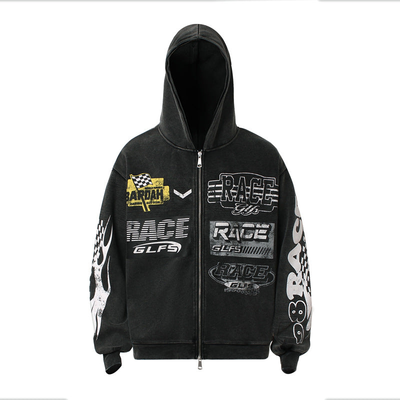 Washed Racing | Zip Up Hoodie - Luxuryurbanwear