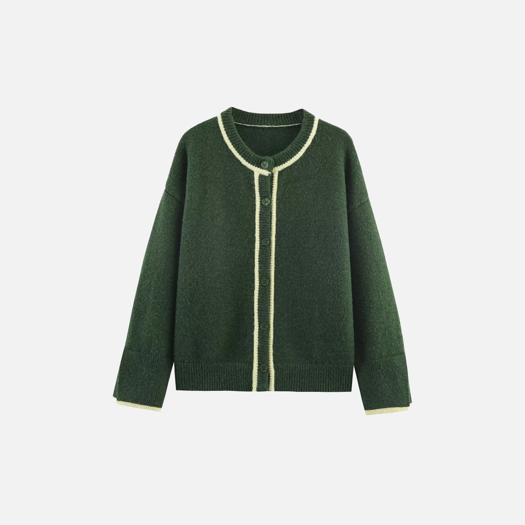 Contrast Color Round Neck Long Sleeve Knit Cardigan - Luxuryurbanwear