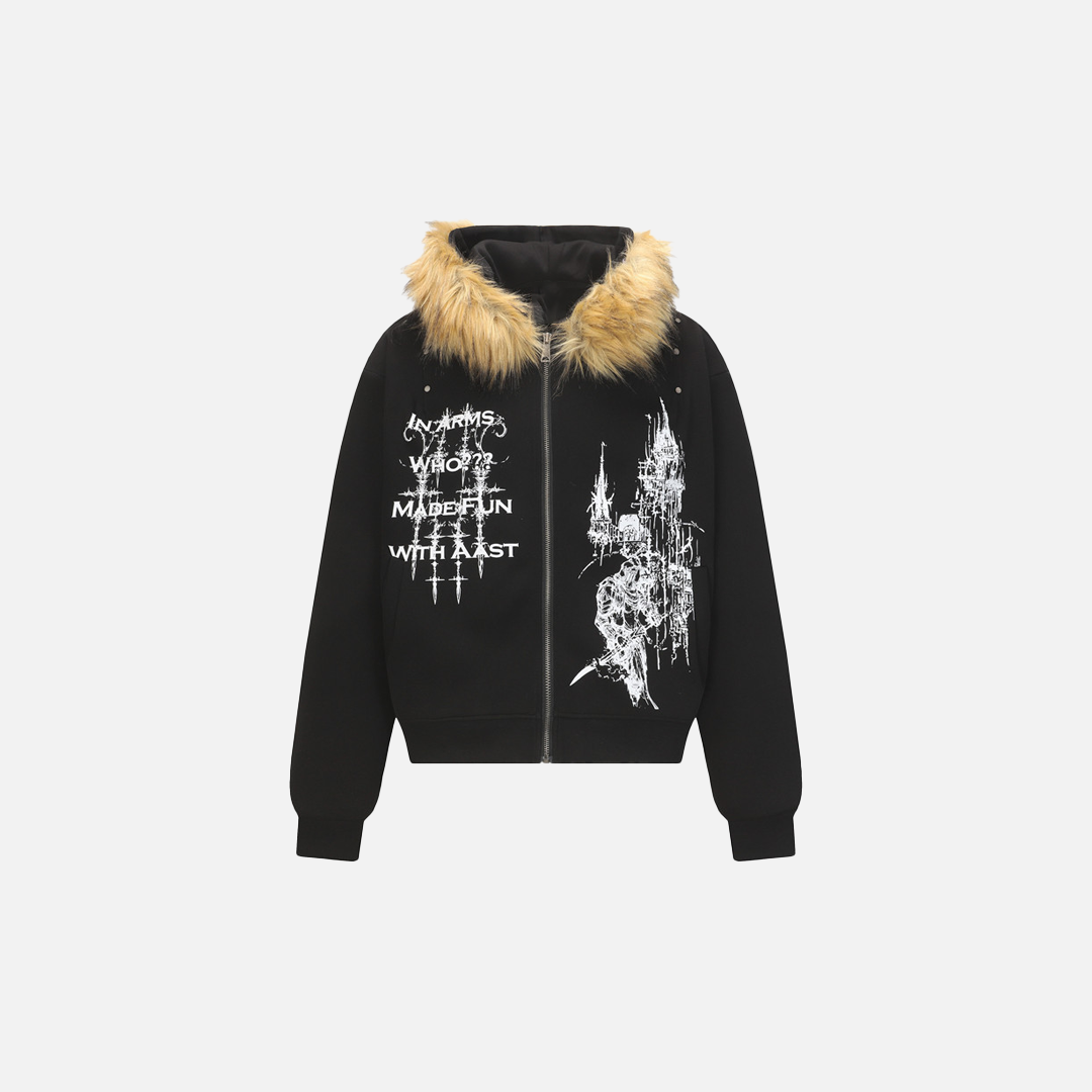 Y2K Graffiti Print Zip-Up Faux Fur Hooded Sweatshirt - Luxuryurbanwear