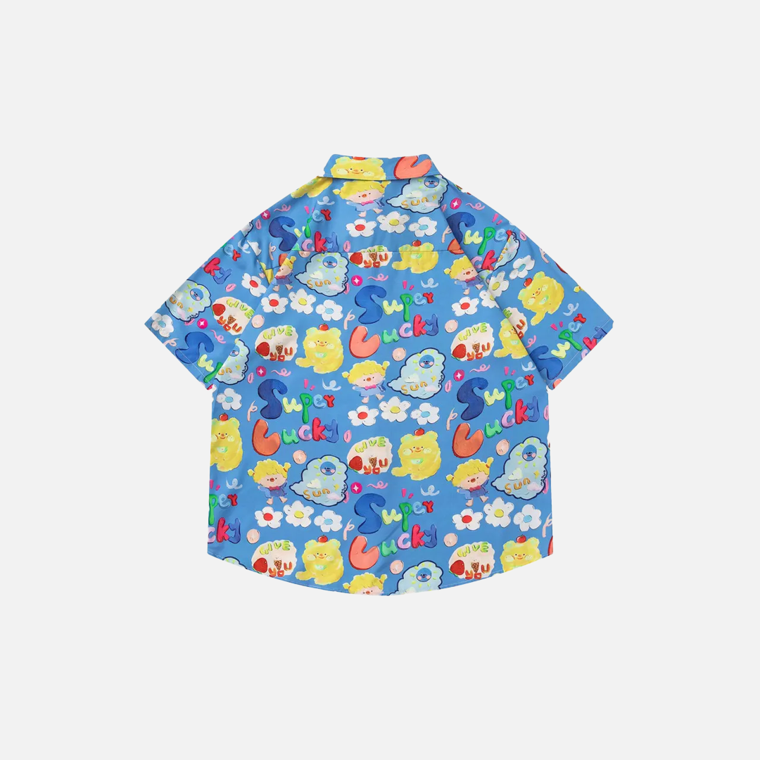 Y2K Vibrant Fashionable Cartoon Graphic Button-Up Shirt - Luxuryurbanwear
