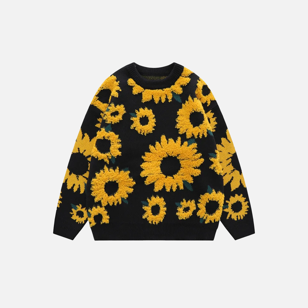 Sunflower Pattern Textured Knit Sweater - Luxuryurbanwear