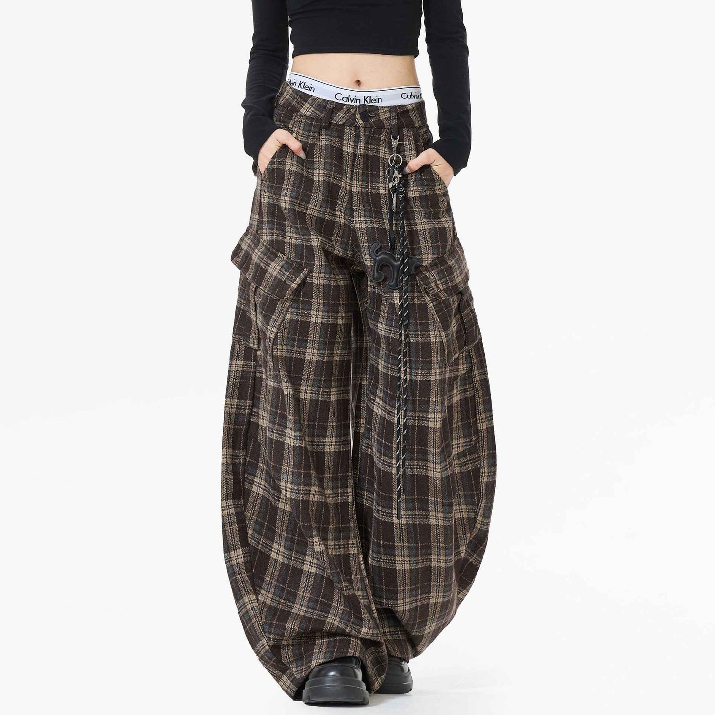 Vintage Plaid Cartoon Casual Cargo Pants