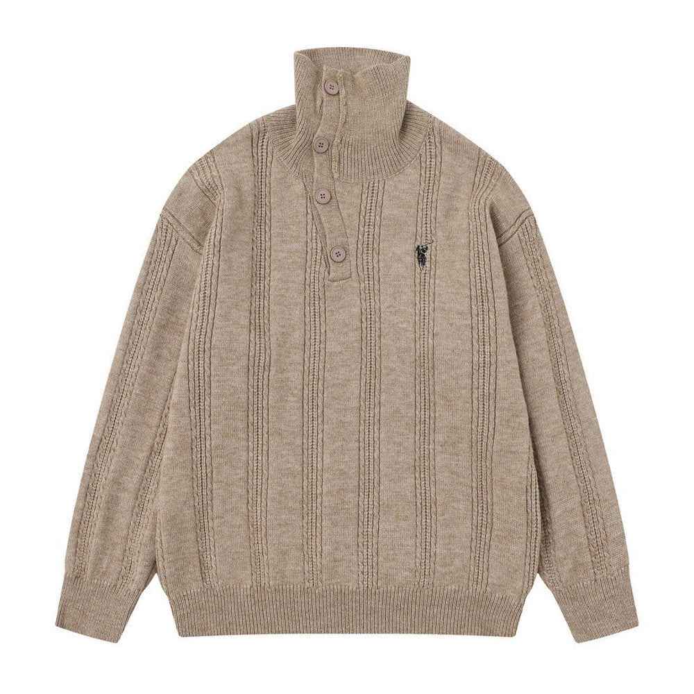 Men Cozy Jacquard Button-Up High Neck Sweater