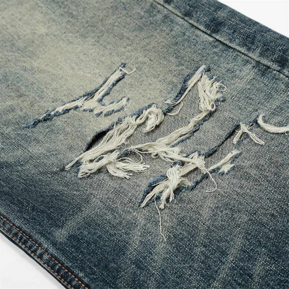 Vintage Distressed Washed Denim Wide Leg Jeans
