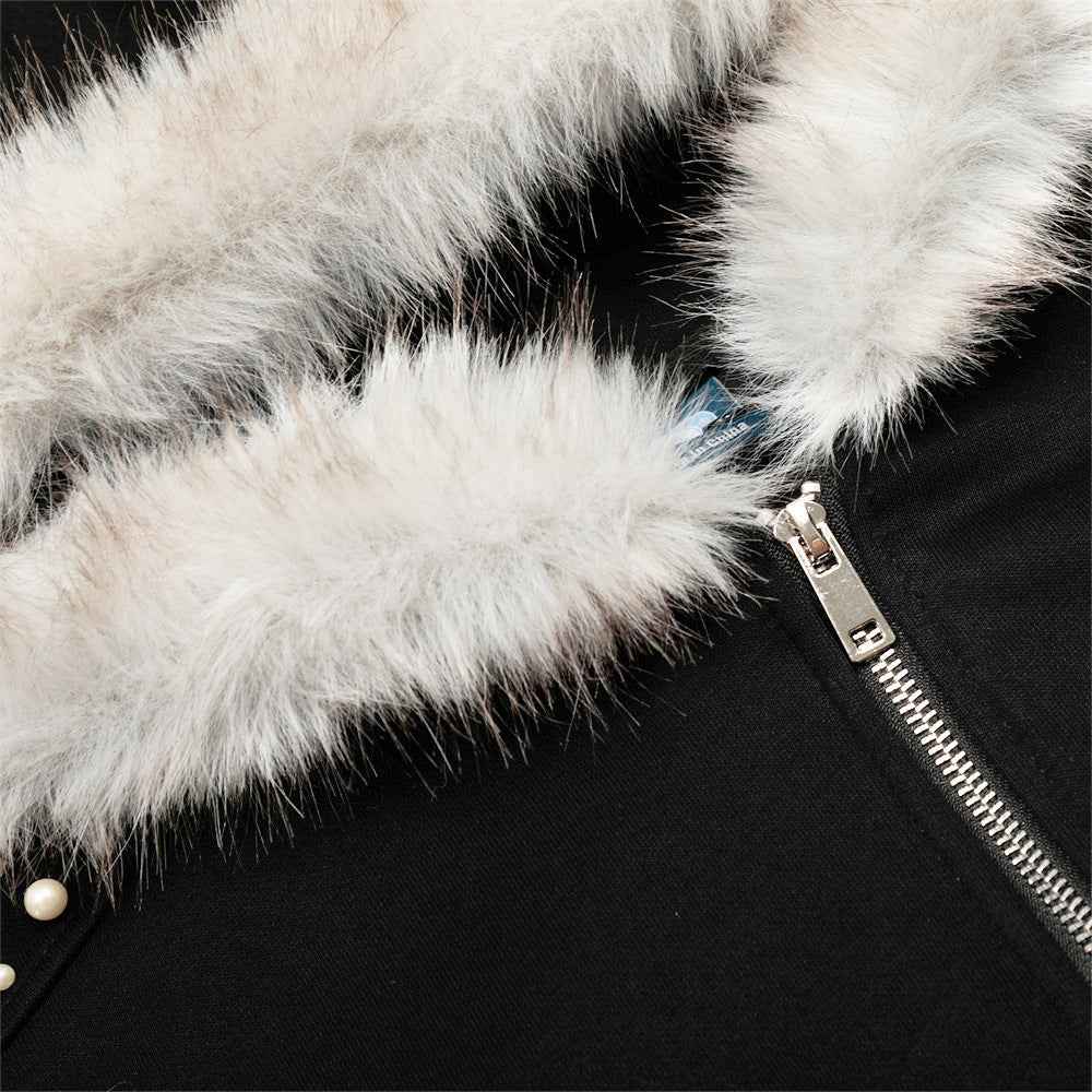 Plush Short Outerwear with Beaded Hooded Sweatshirt