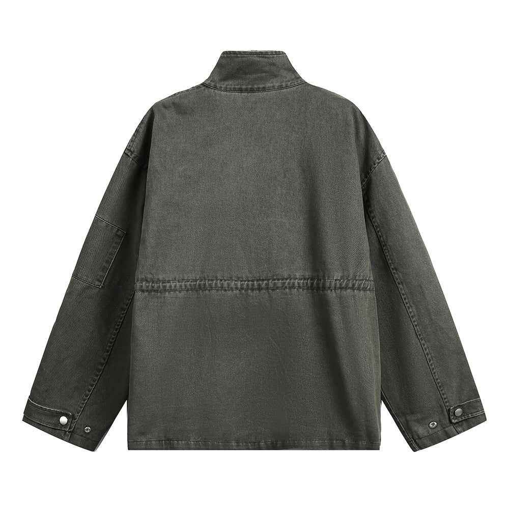 Spring Multi-Pocket Washed Workwear Denim Jacket
