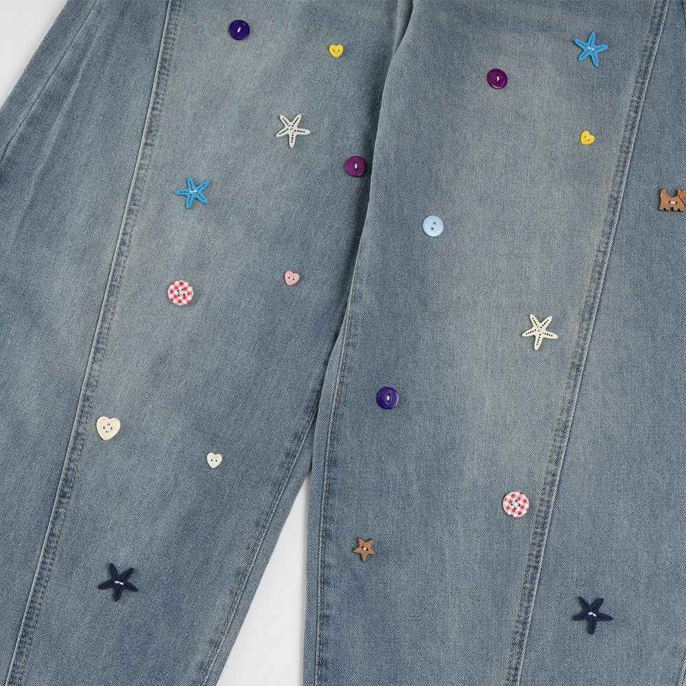 Stylish Star Embellished Curved Wide Leg Jeans