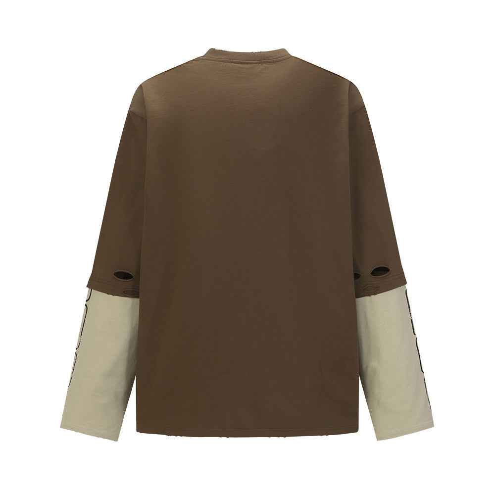 Fashionable Color Block Long Sleeve Ripped T-Shirt