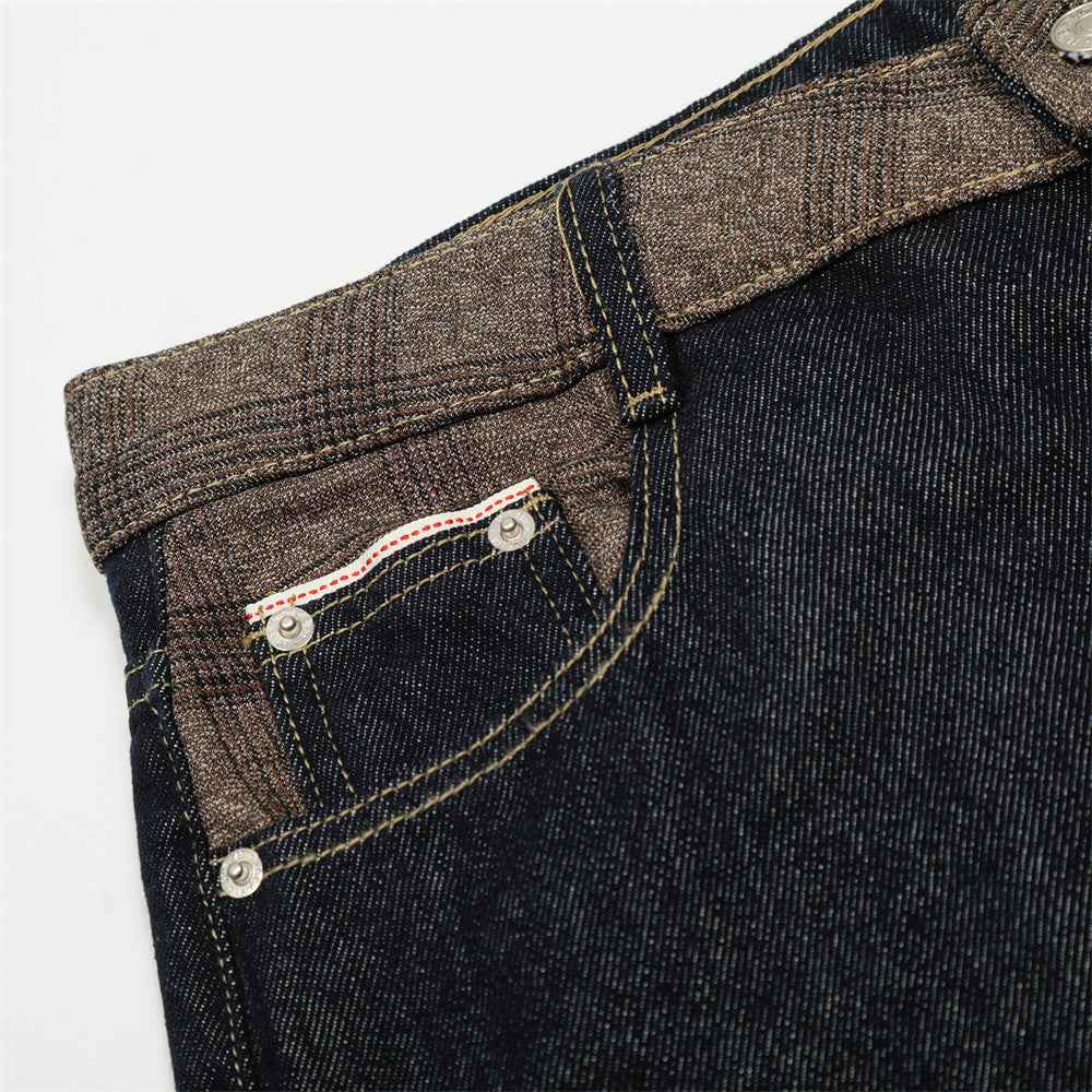 Streetwear Patchwork Plaid Denim Straight Leg Jeans