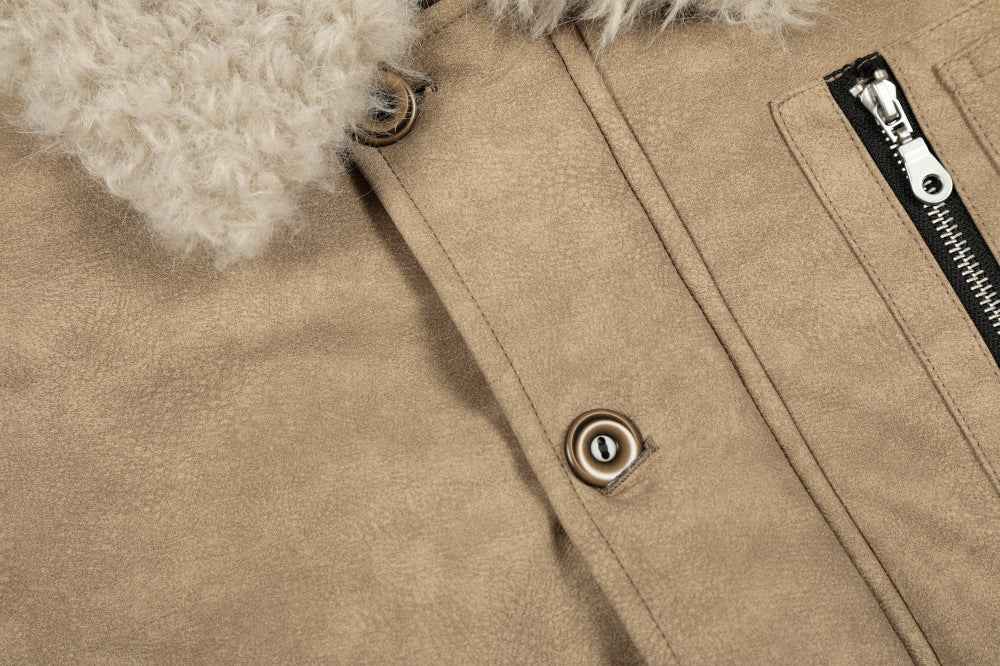 Thick Warm Punk Fur Collar Style PU Leather Jacket