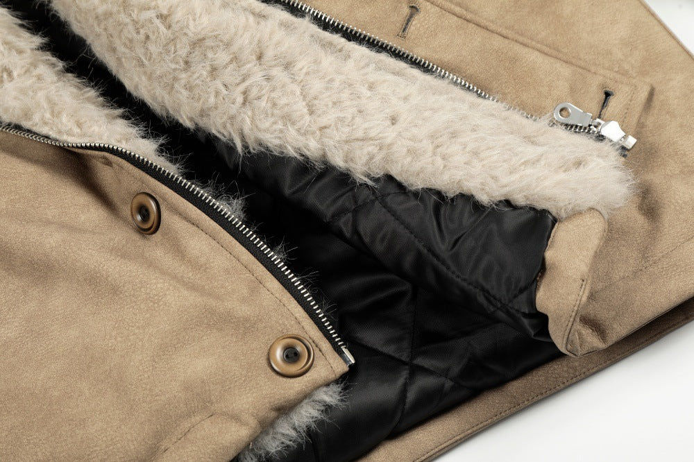 Thick Warm Punk Fur Collar Style PU Leather Jacket - Luxuryurbanwear