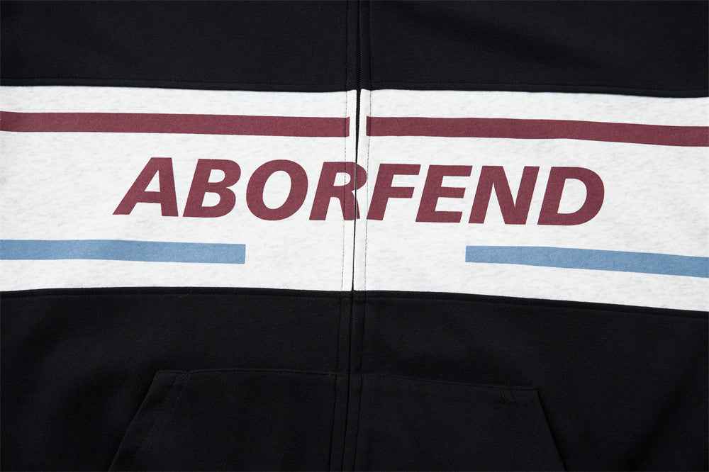 Stylish Color Block Letter Print Zip-Up Sweatshirt
