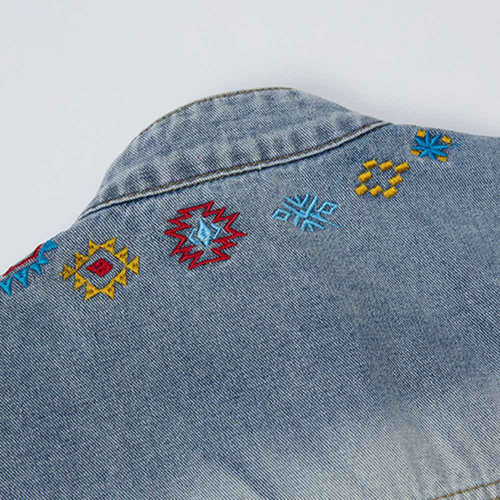Durable Distressed Embroidered Denim Jacket