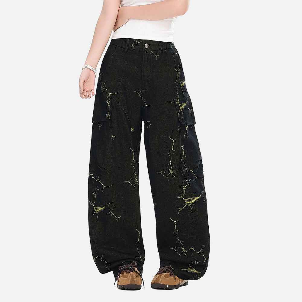 Lightning Cracked Pocket Workwear Wide Leg Jeans