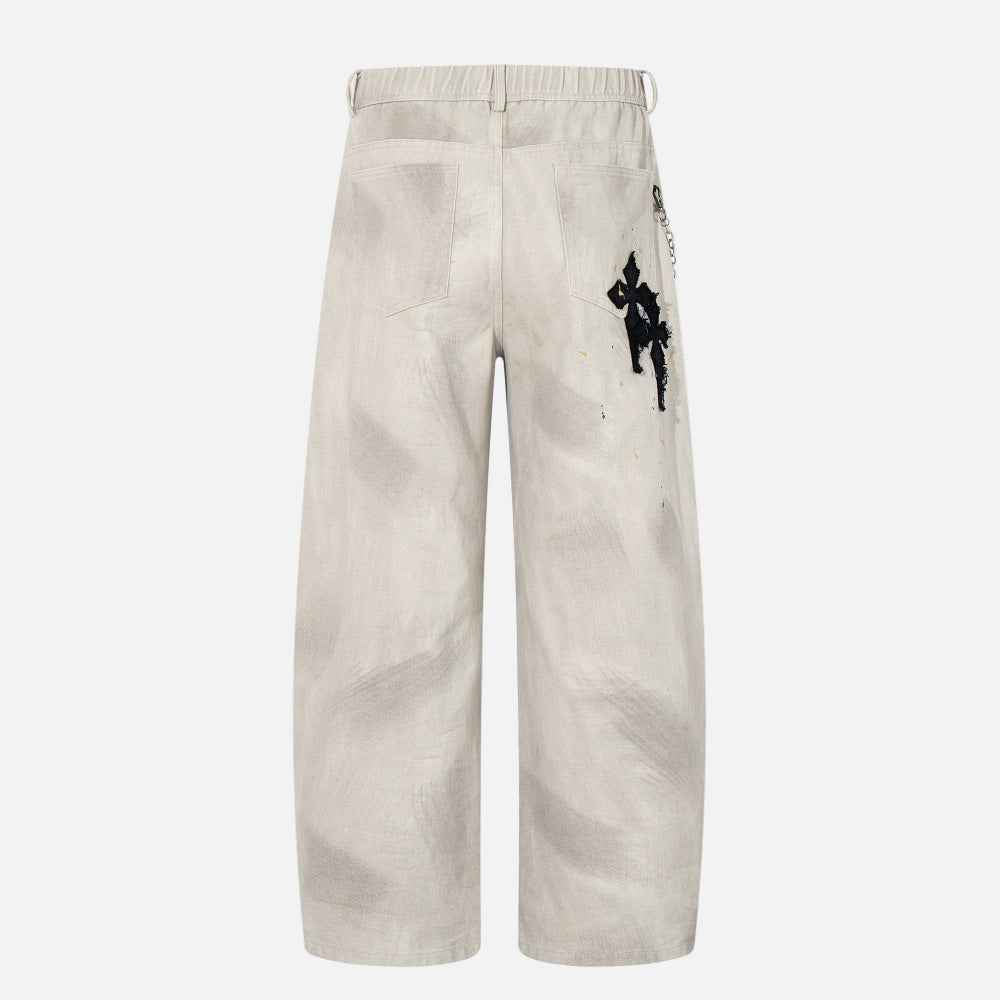 Gothic Cross Embroidered Distressed Denim Jeans