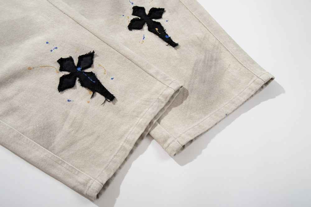 Gothic Cross Embroidered Distressed Denim Jeans