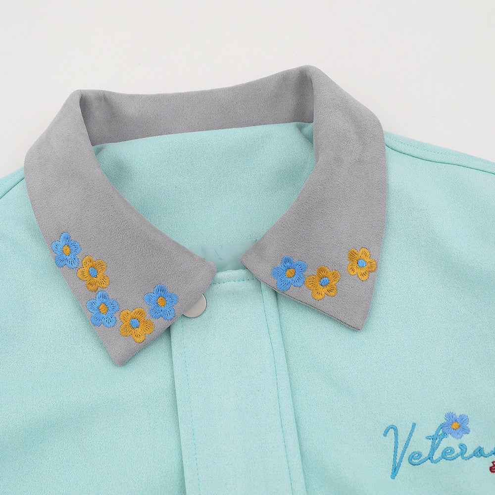 Floral Embroidered Oversized Contrast Collar Jacket