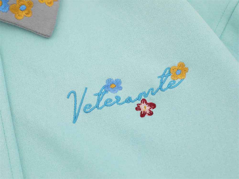 Floral Embroidered Oversized Contrast Collar Jacket