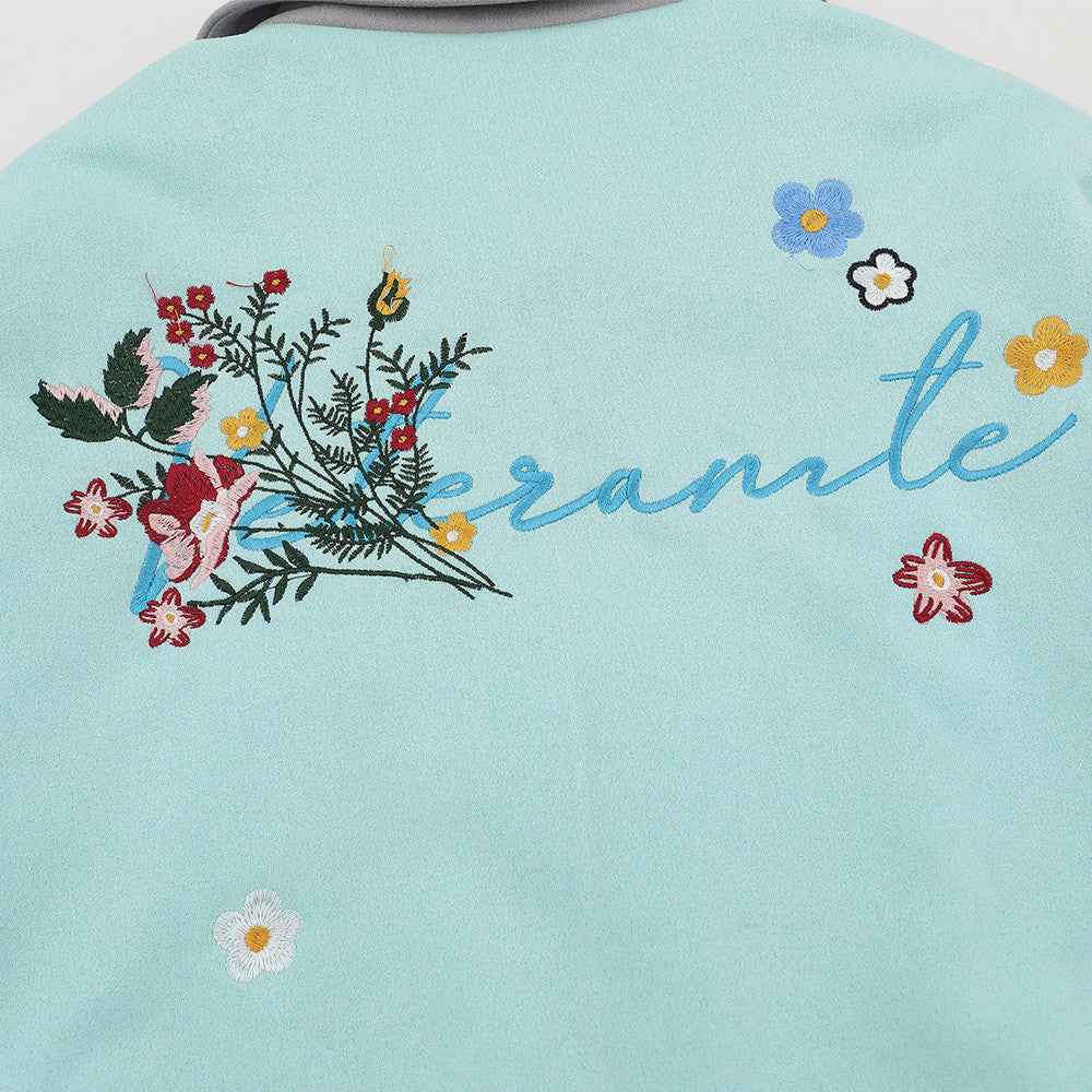 Floral Embroidered Oversized Contrast Collar Jacket